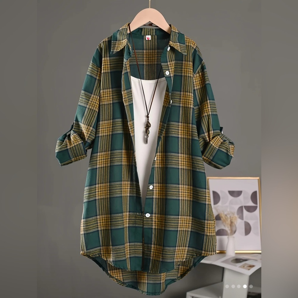 Green and Yellow Plaid Button-Up Shirt